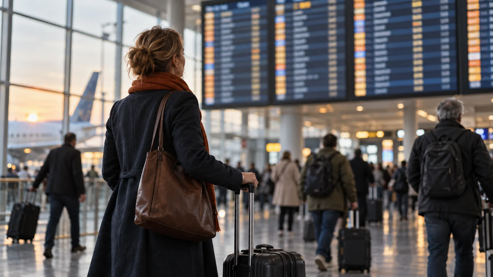 Reisende mit Koffer vor einer Abflugtafel am Flughafen