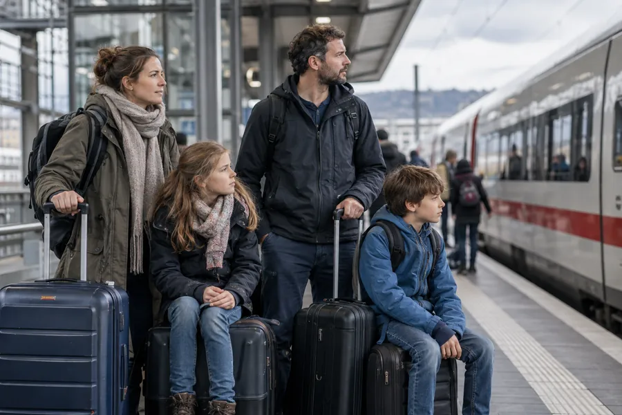 Familie mit Gepäck auf einem Bahnsteig