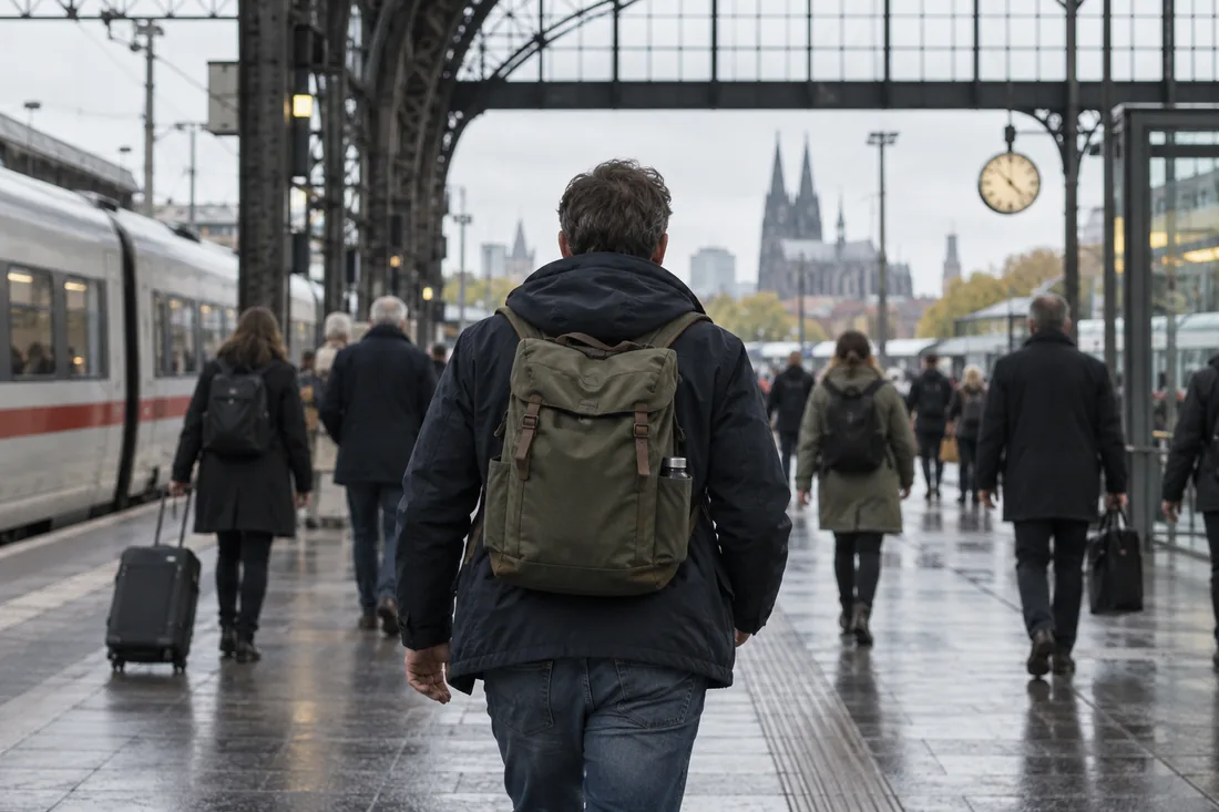 Reisender mit Rucksack an einem deutschen Bahnhof