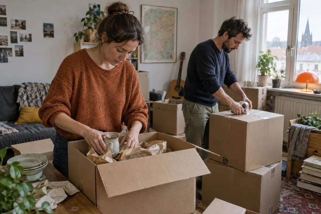 Paar packt in einer Wohnung Umzugskartons